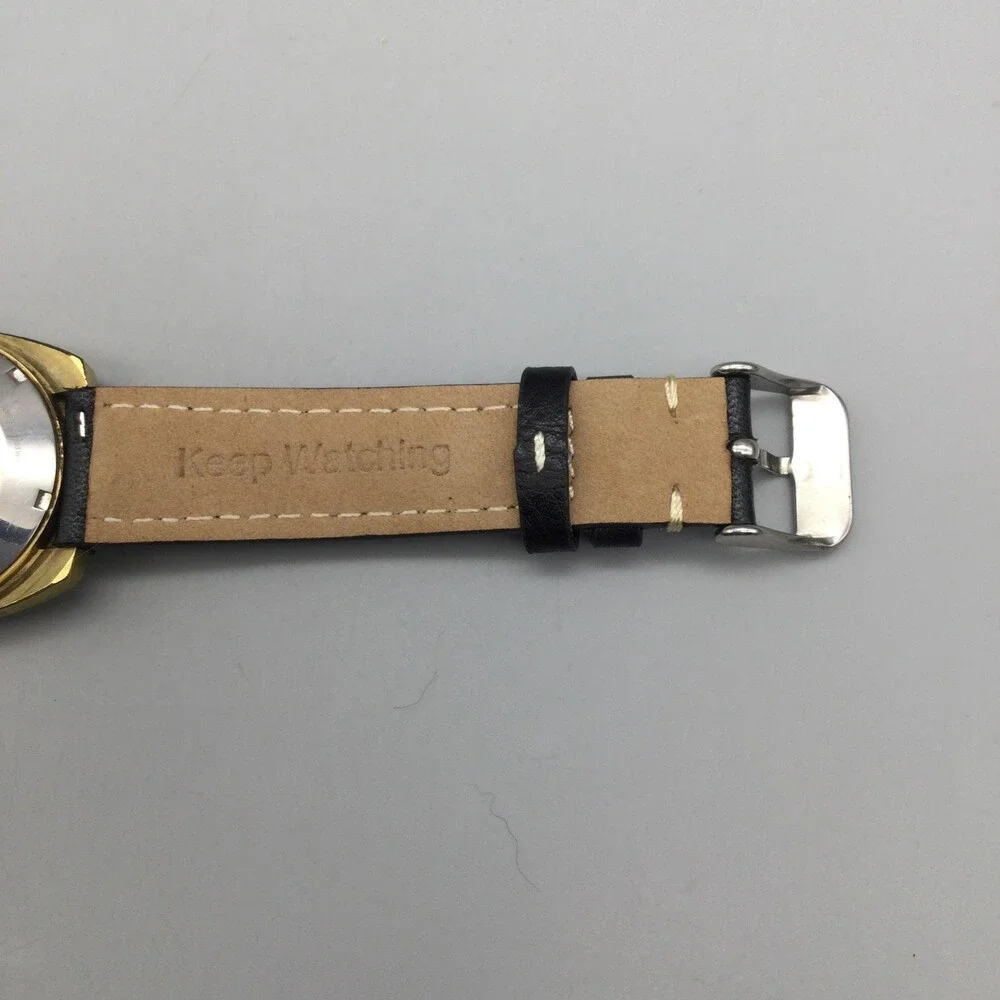 Vintage Wittnauer Geneve Mens Watch 33mm Champagne Dial Auto Date Black Leather
